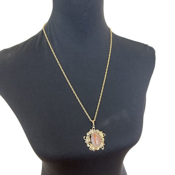 Vintage Jasper Pendant Necklace Ornate Gold Tone Chain 24 in Gothic - Picture 1 of 8